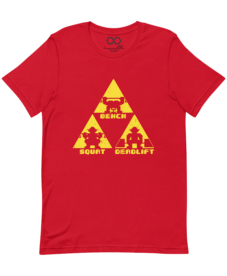 red "TriForce Powerlifting" women's T-shirt